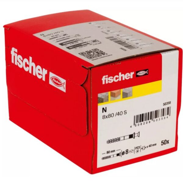 Fischer Nagelplug N 8 x 80/40 S met verzonken kop - 50 stuks
